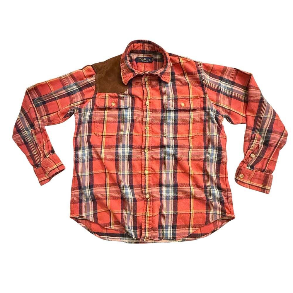 Polo Ralph Lauren Red Plaid Flannel Shooting Shirt & Leather Shoulder Patch Lrg